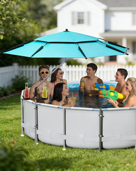 Calanofin shade canopy blocks UV rays for relaxing poolside.