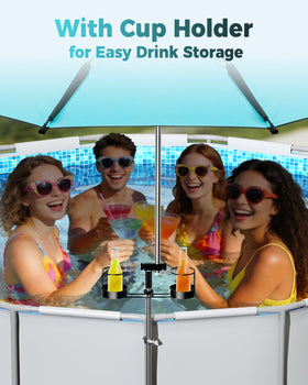 Calanofin pool umbrella with built-in cup holders keeps drinks secure near the pool.