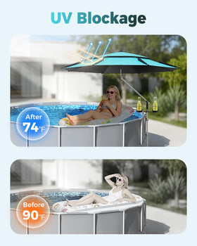 Calanofin umbrella features 360-degree rotation for flexible shade throughout the day.