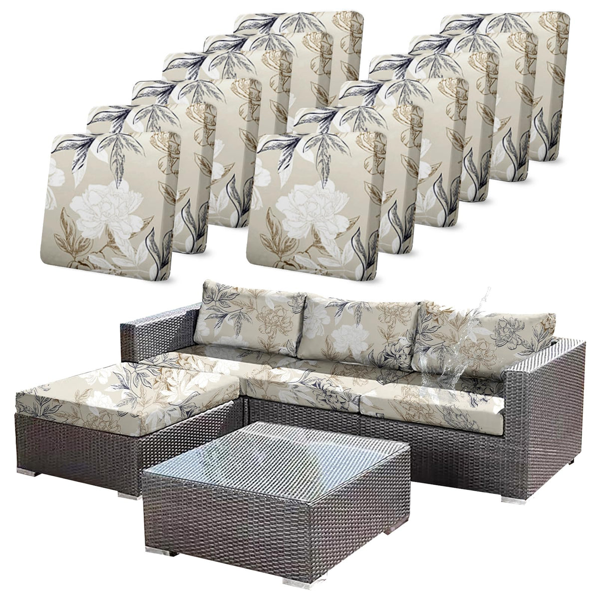 CALBODE outdoor stretch cushion cover in beige floral design for fresh, stylish cushions.