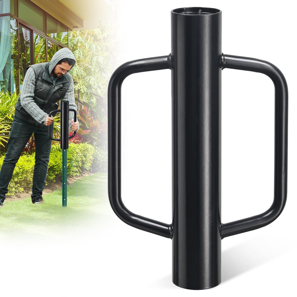 CALCHELE fence post driver front view highlights the compact 17-inch height for transport and storage.