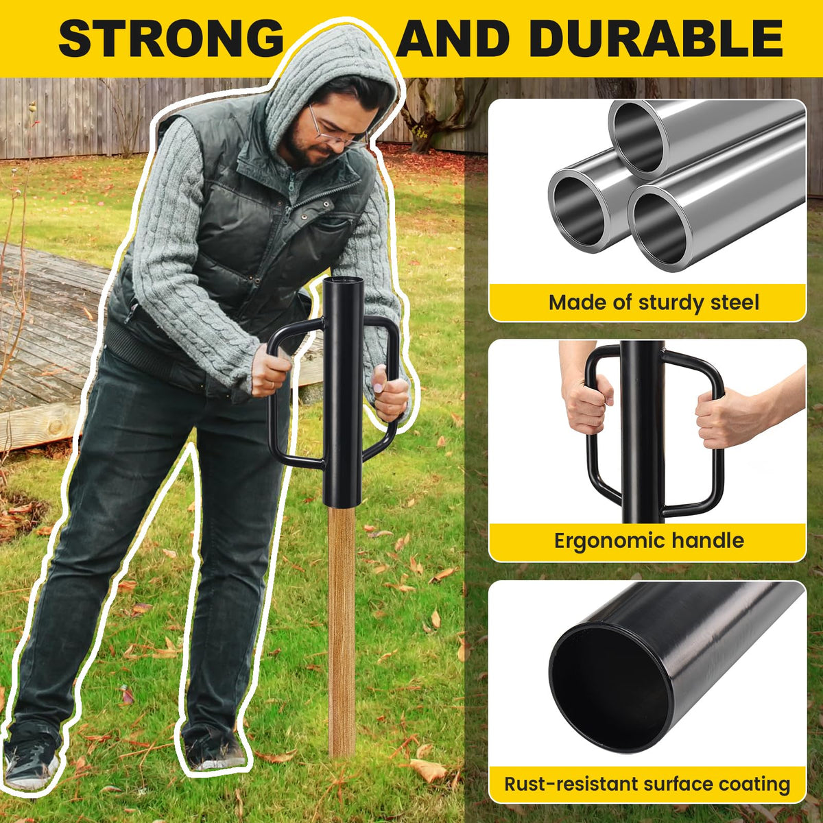 CALCHELE fence post driver with dual handles for easy lifting and maneuvering.