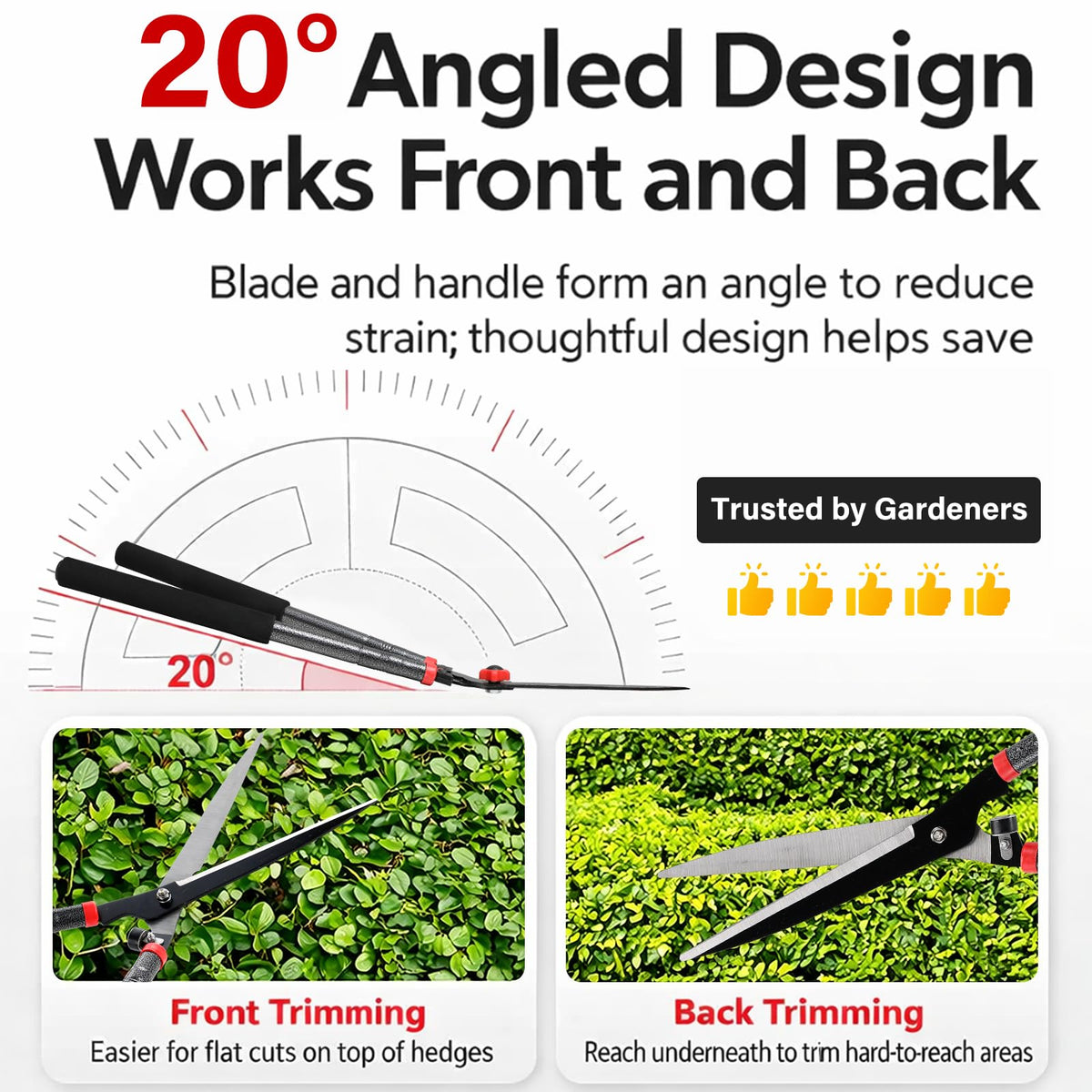 CALCHELE hedge shears 20-degree angled blade for easier trimming.