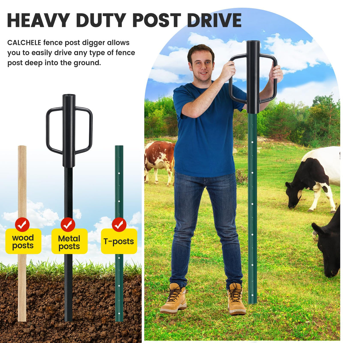 CALCHELE fence post driver shows easy-to-use lift-and-release action on posts.