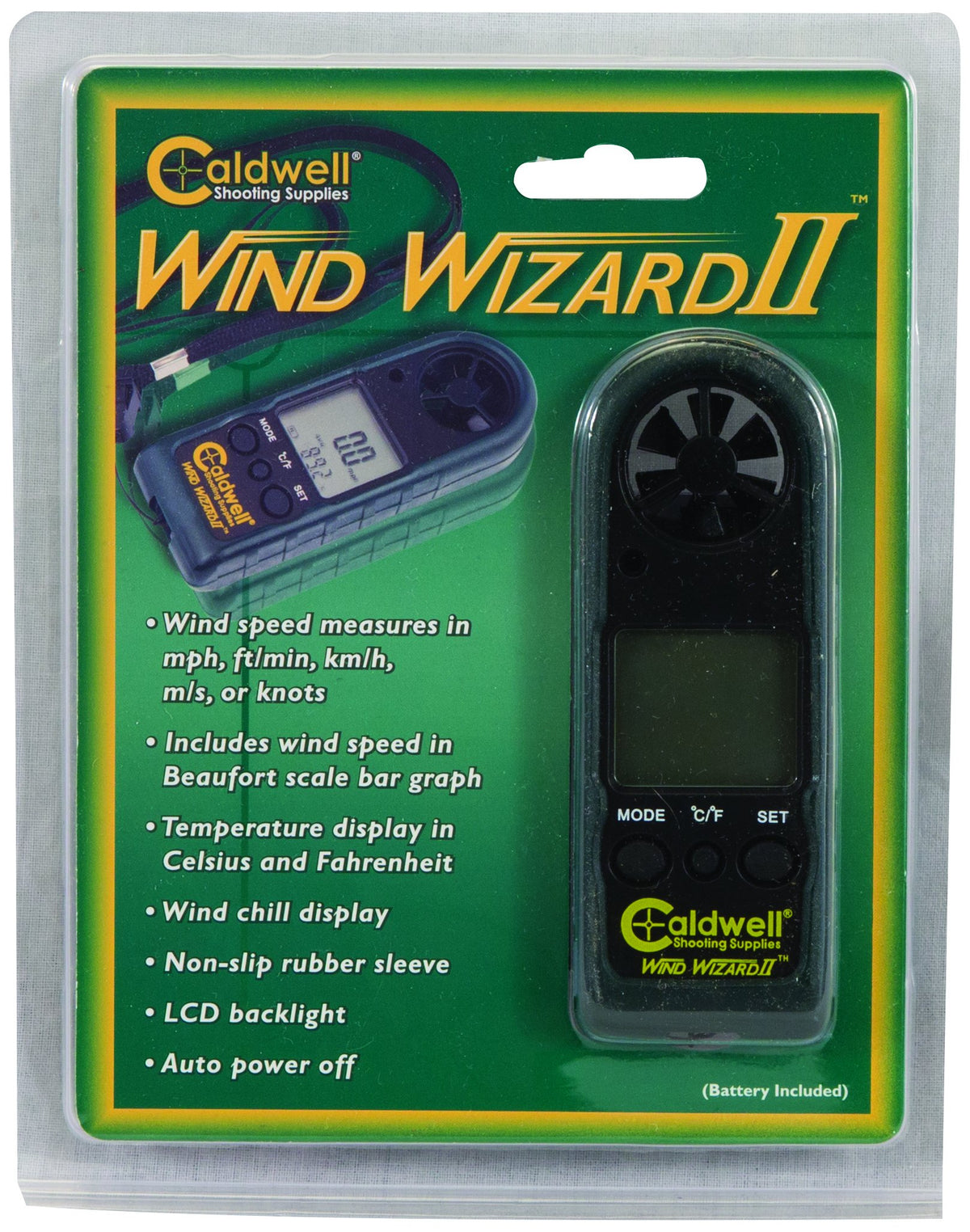 Caldwell Wind Wizard II measuring wind speed in mph and km/h for versatile shooting setups.