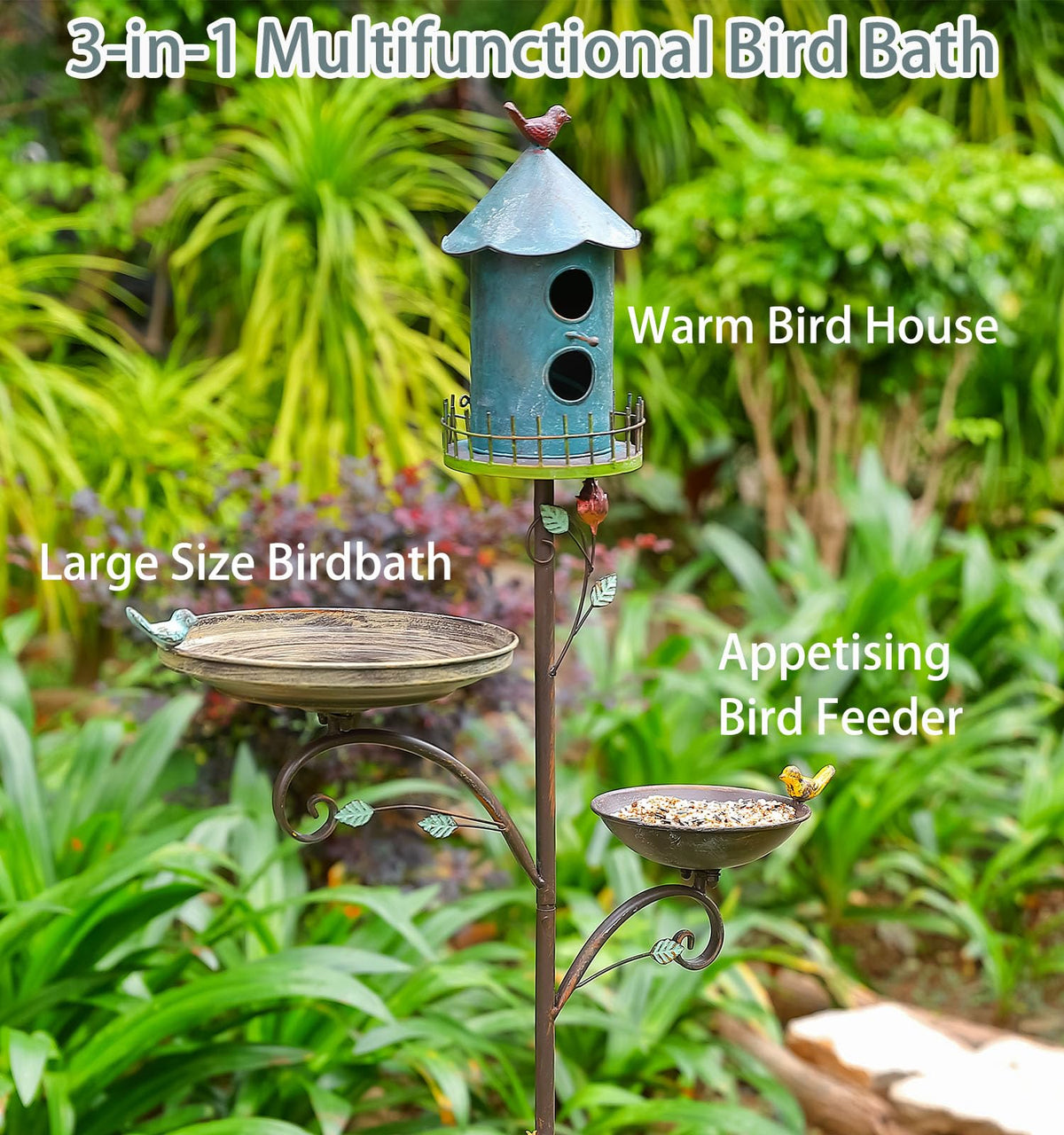 CaliDecor blue outdoor birdhouse on a pole for viewing and shelter.