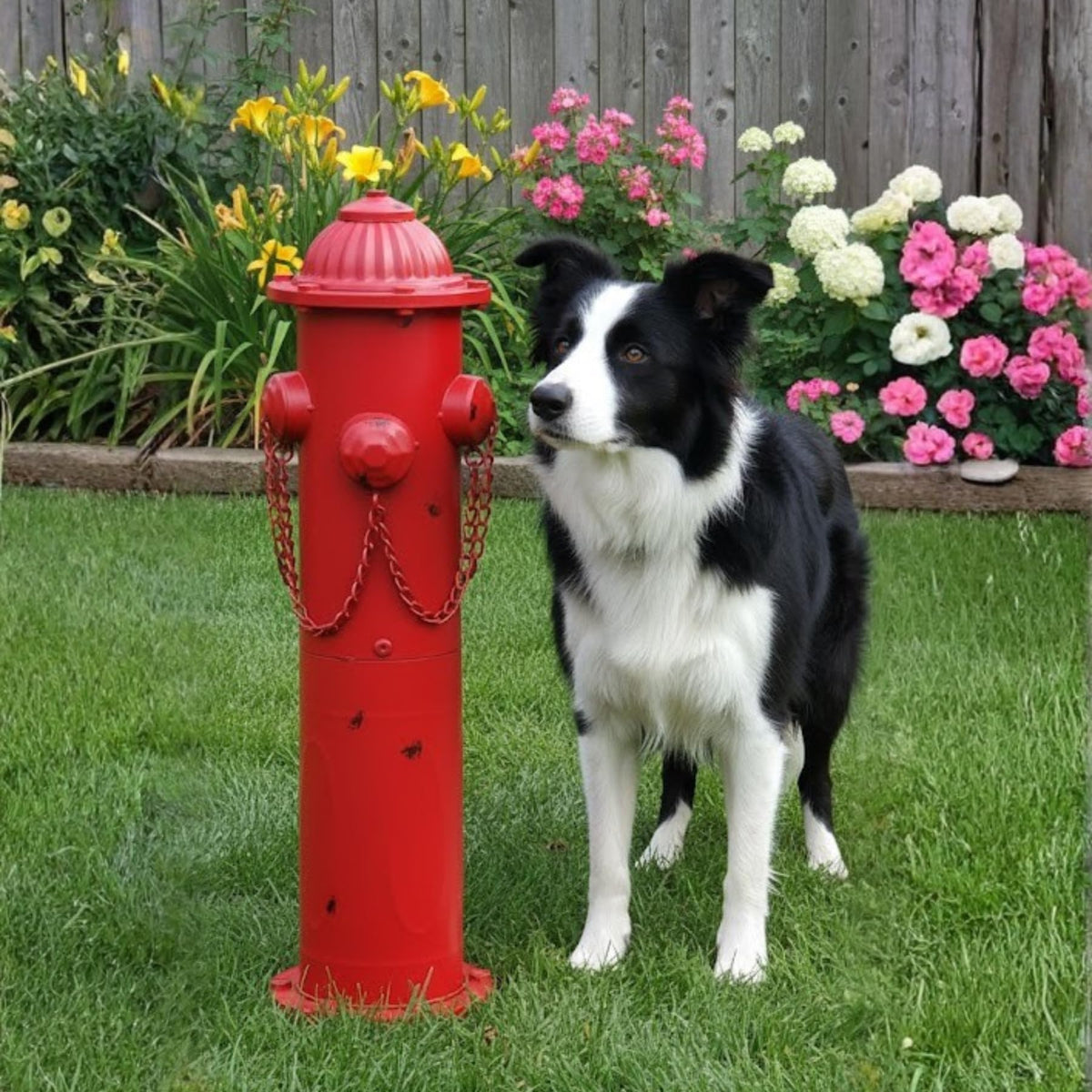 CaliDecor red metal dog hydrant, weather-ready for backyard marking and training.