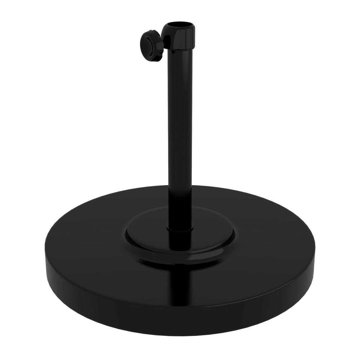 California Umbrella 50 lb round concrete base with black frame provides stable outdoor support.