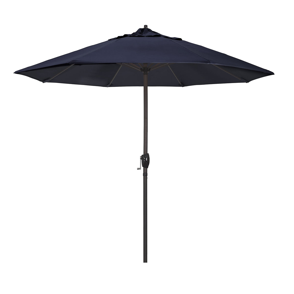 California Umbrella 9-Ft navy canopy with Sunbrella fade-resistant fabric provides lasting shade.