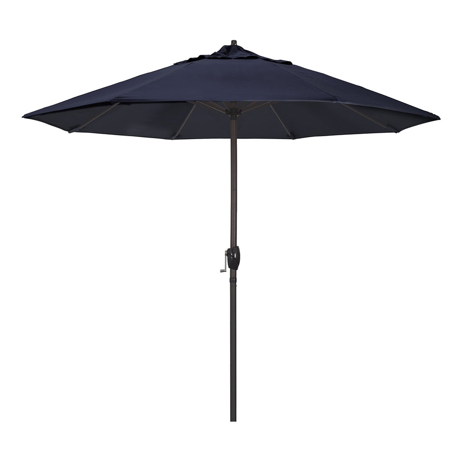 California Umbrella 9-Ft navy canopy with Sunbrella fade-resistant fabric provides lasting shade.