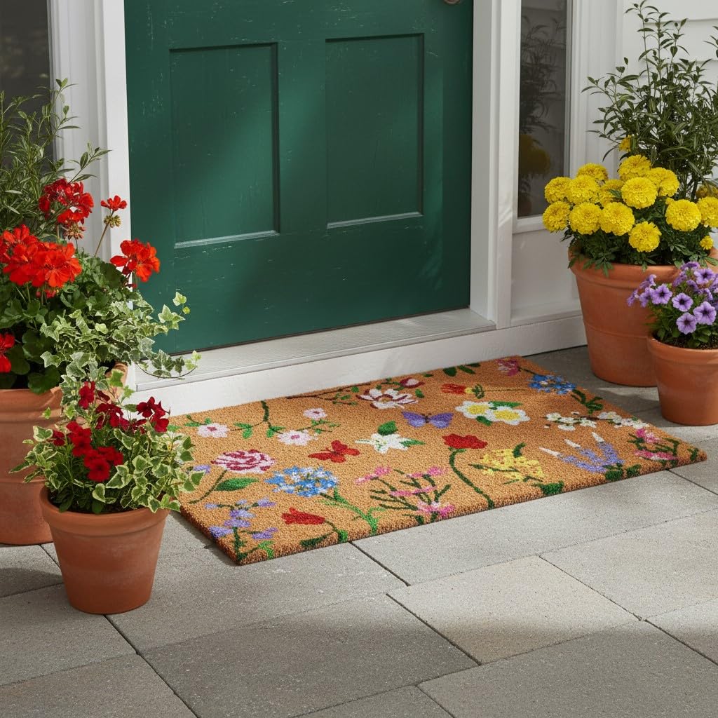 Calloway Mills Butterfly Garden Doormat coir detail highlighting natural fibers for heavy-duty scraping