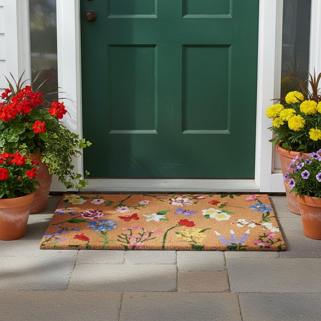 Calloway Mills Butterfly Garden Doormat non-slip backing helps stay put on busy doorways