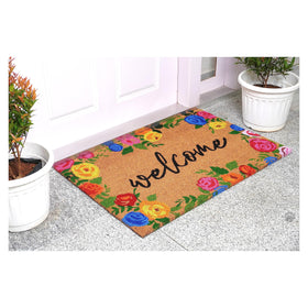 Calloway Mills Colorful Roses Welcome Doormat close-up of coir texture for scraping.