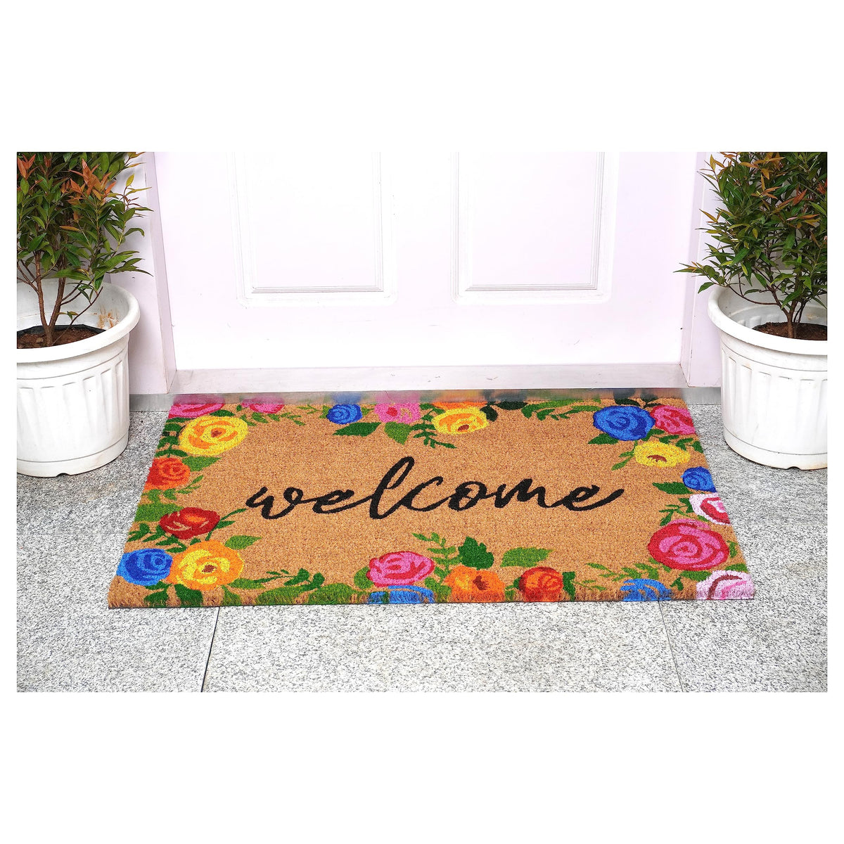 Calloway Mills Colorful Roses Welcome Doormat vinyl backing helps prevent movement.