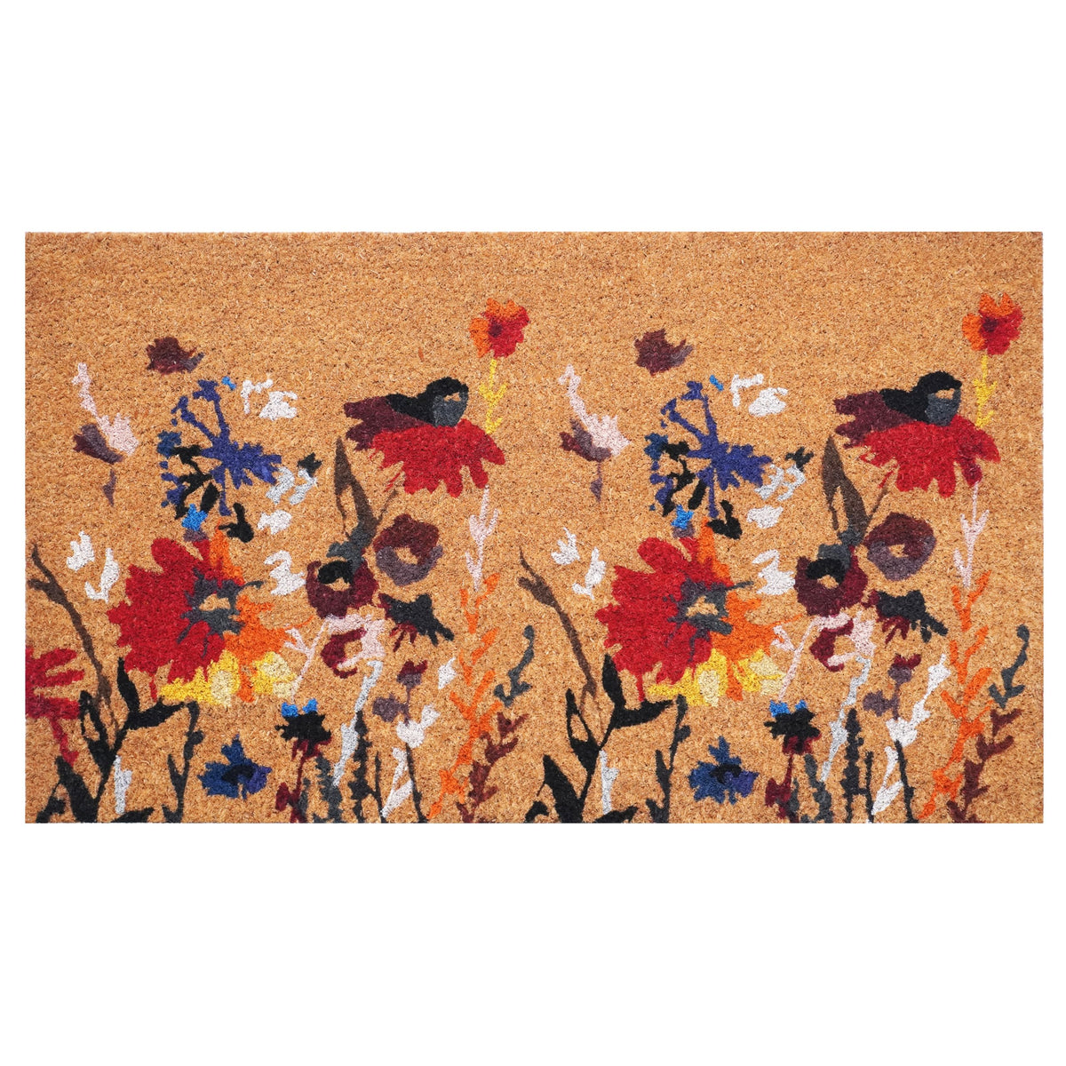 Calloway Mills floral doormat with coir scrapes dirt from shoes for cleaner entry.