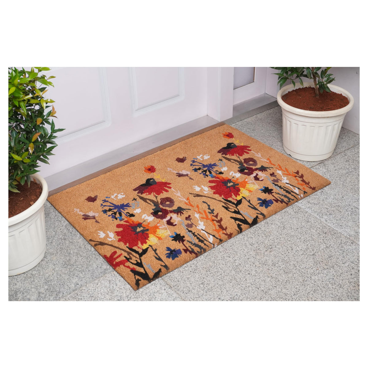 Calloway Mills floral doormat with vinyl backing stays in place on any surface.