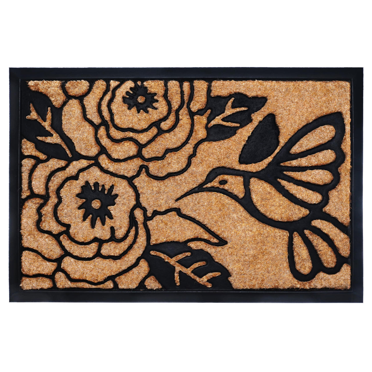 Calloway Mills Hummingbird Haven doormat in natural and black with built-in scraper.