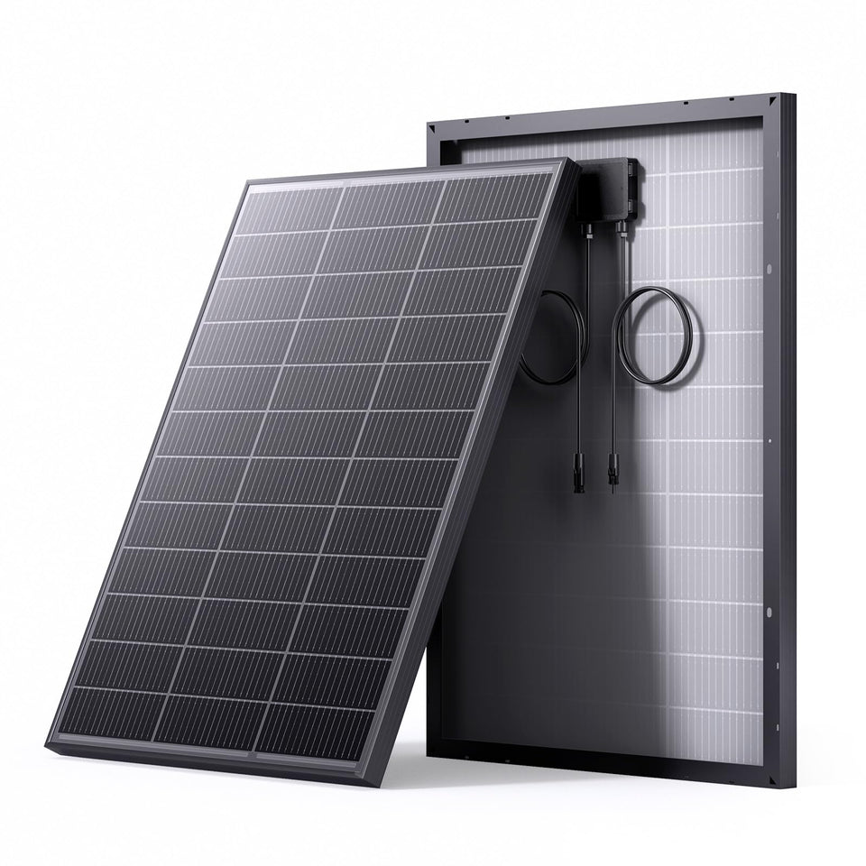 Callsun 100W N-Type panel front view showing high-efficiency cells for off-grid use