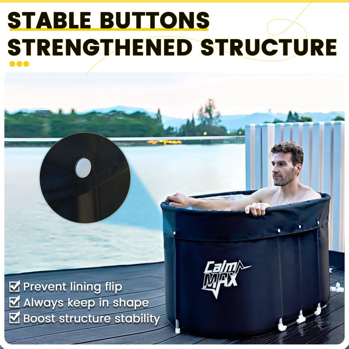 Assembly steps for CalmMax Oval Ice Bath Tub showing quick setup