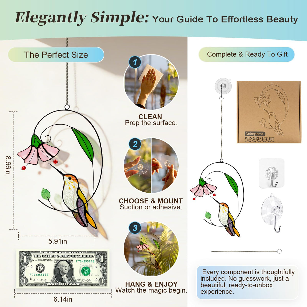 Calmpathz gift-ready hummingbird suncatcher appeals to grandmothers and bird lovers.