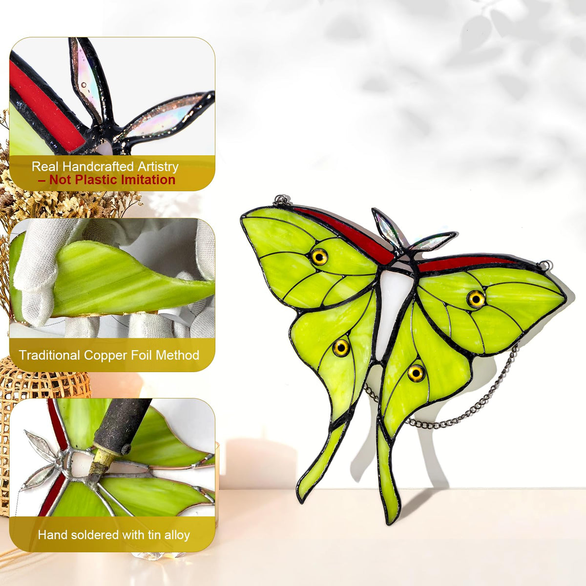 Calmpathz Luna Moth glass art with detailed artisan craftsmanship on glass.