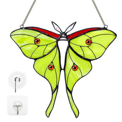 Calmpathz Luna Moth stained glass window hanging captures sunlight, creating soothing rainbow light.