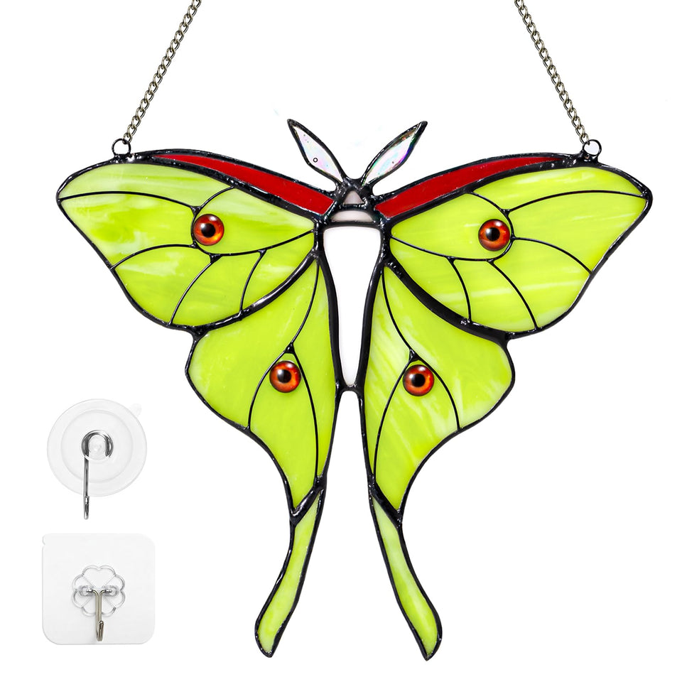 Calmpathz Luna Moth stained glass window hanging captures sunlight, creating soothing rainbow light.