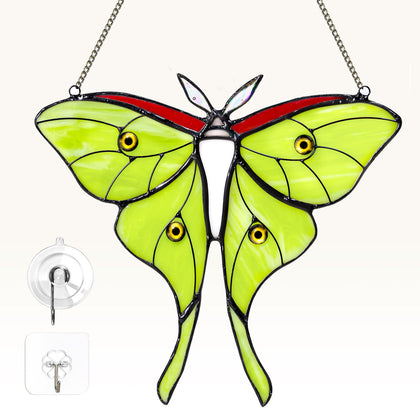 Calmpathz Luna Moth stained glass window hanging catching sunlight for rainbow light.