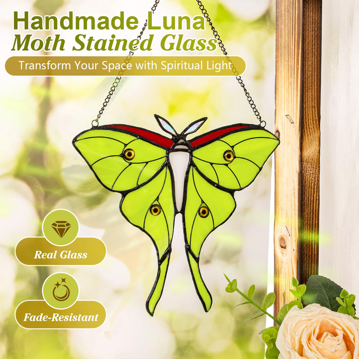 Calmpathz Luna Moth suncatcher for meditation spaces enhances calm and focus.
