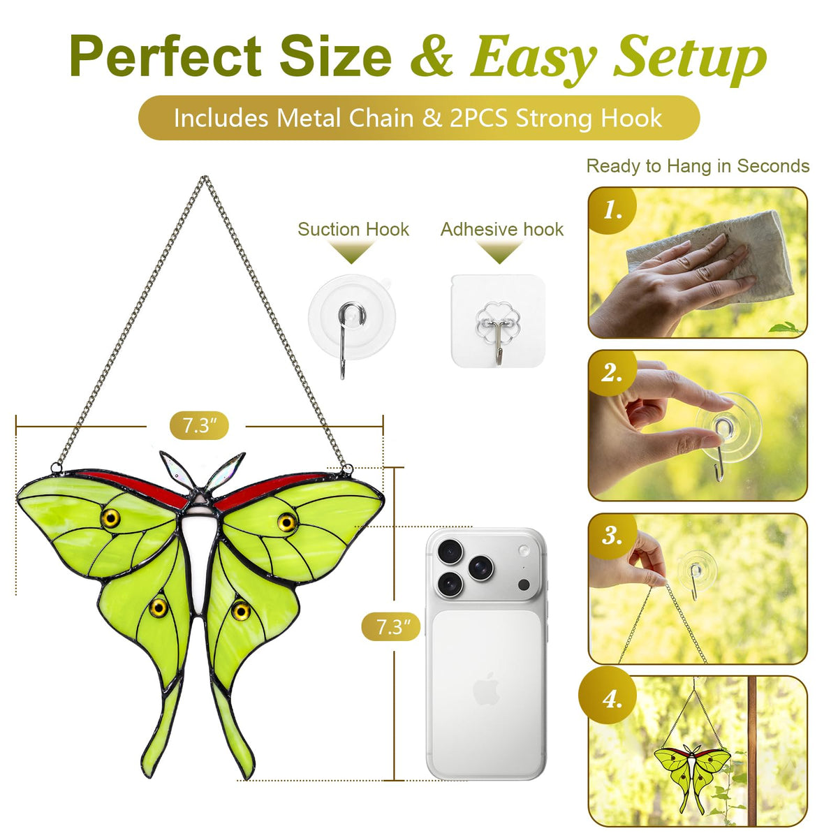 Calmpathz Luna Moth sturdy hanging chain enables easy window installation.