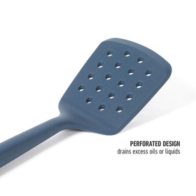 Calphalon Edge silicone slotted turner navy seamless construction supports sturdy lifting.