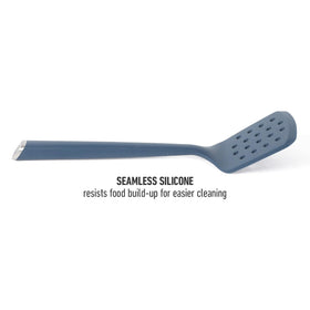 Calphalon Edge silicone slotted turner navy non-slip handle for confident flipping.