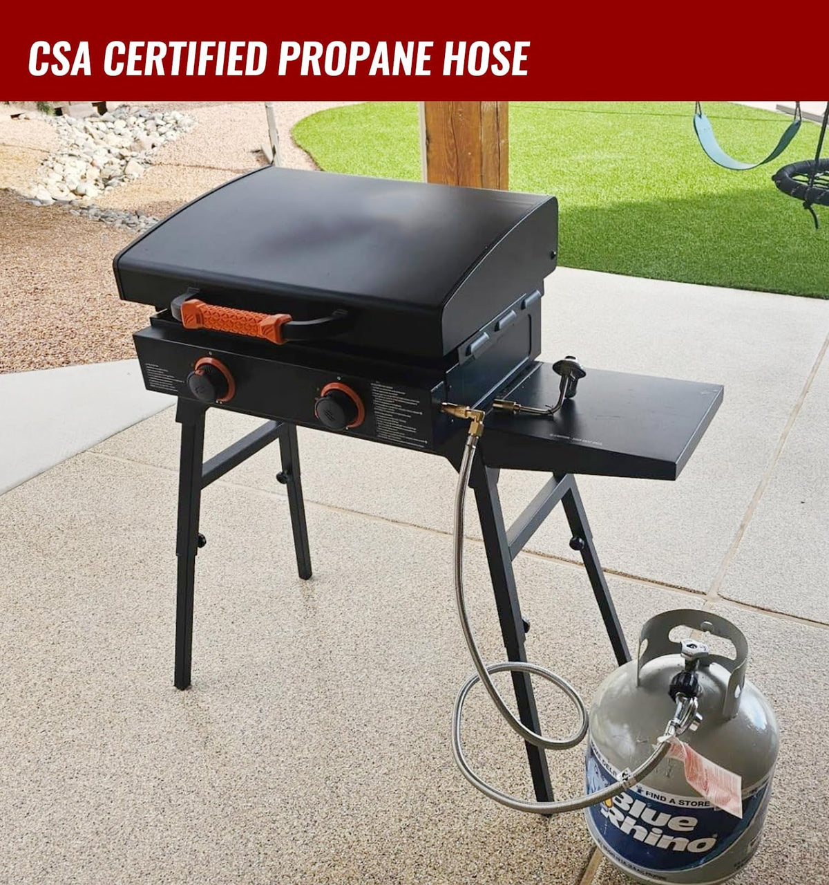 CALPOSE 6ft hose keeps grill and tank safely apart for flexible setups.
