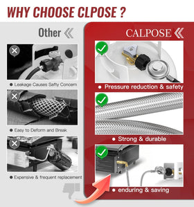 CALPOSE stainless steel outer cover protects the hose during outdoor cooking.