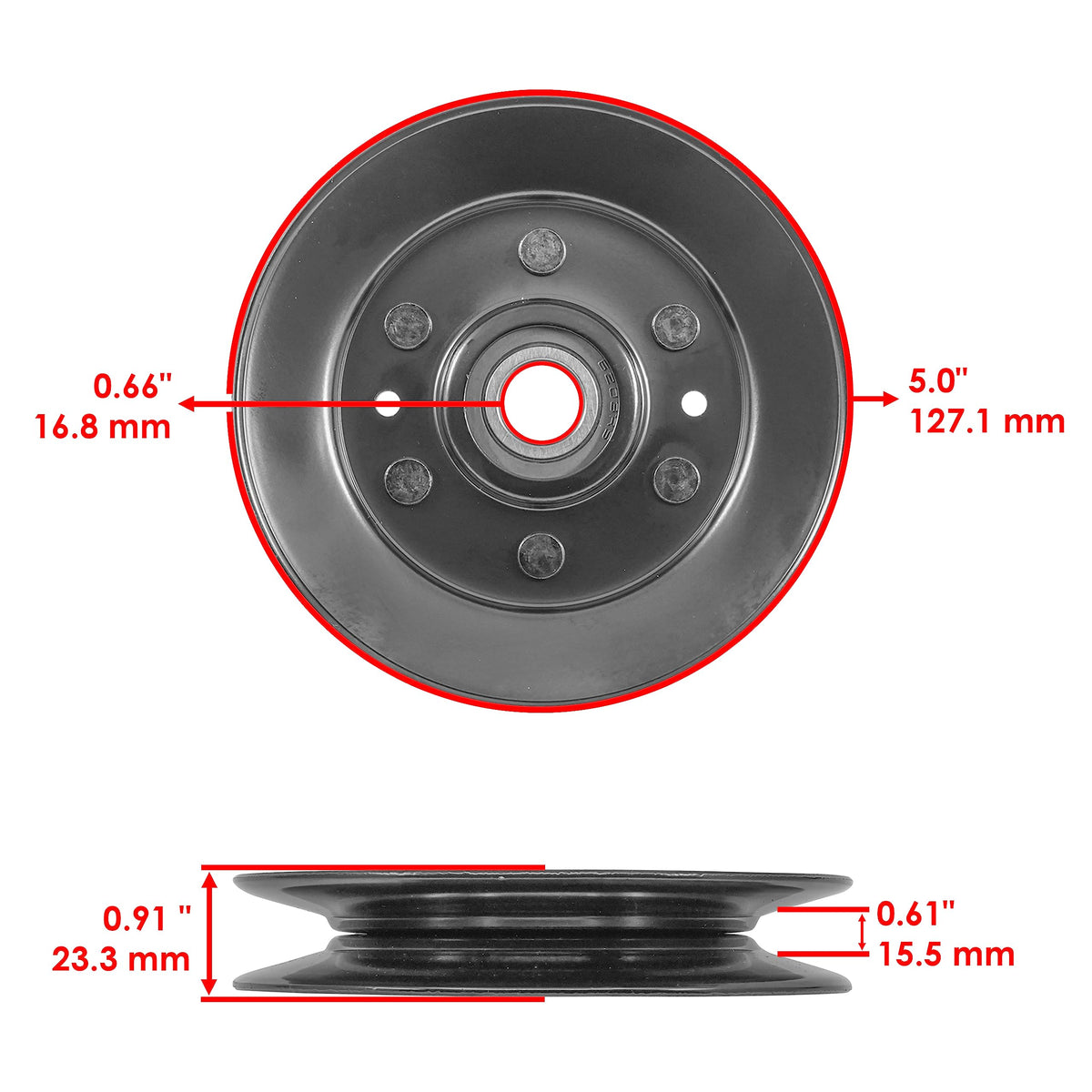 Caltric AM135957 V-Idler Pulley front view highlights sturdy metal build and fit.