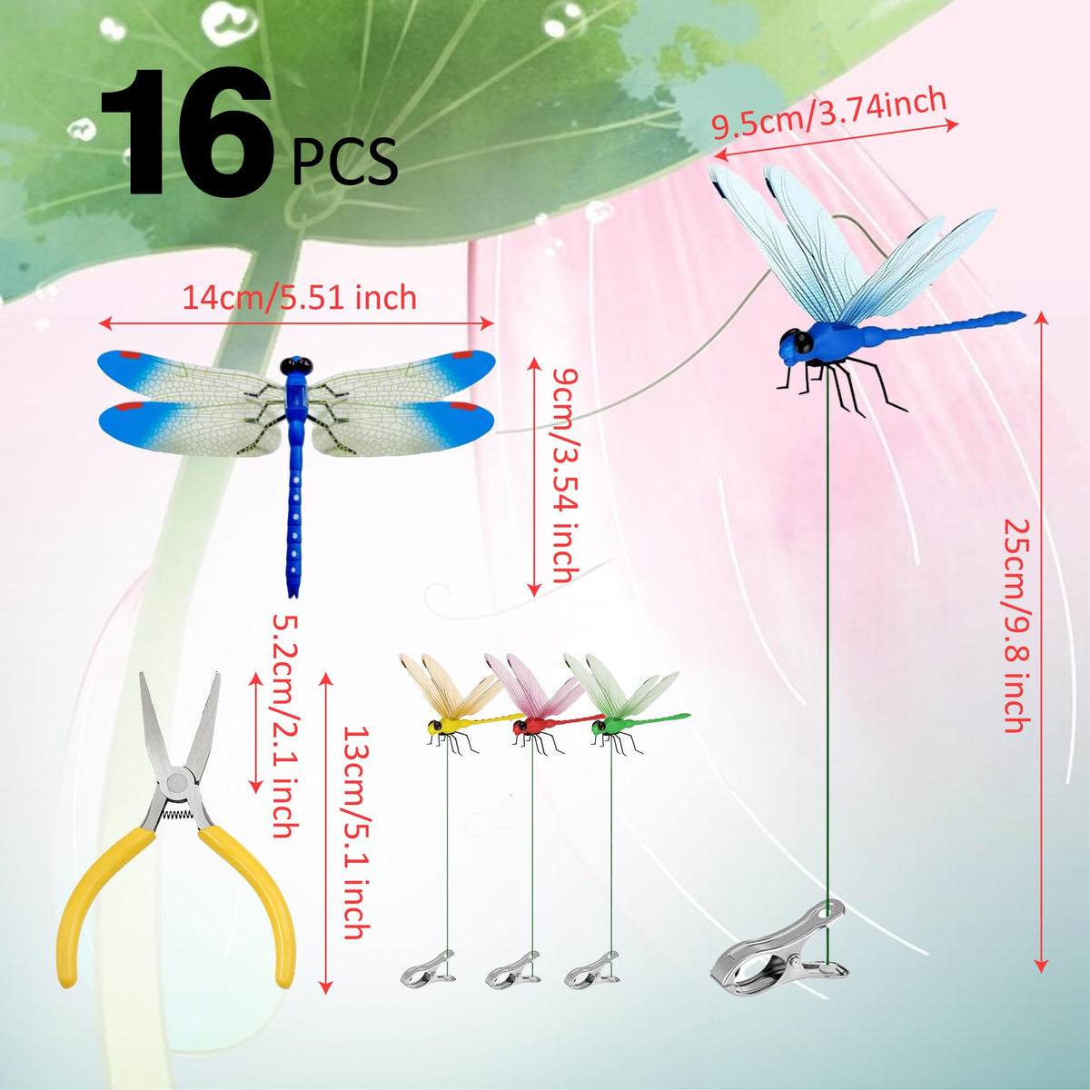 CAMATET dragonfly stake clip red perched on a potted plant for cheerful decor.