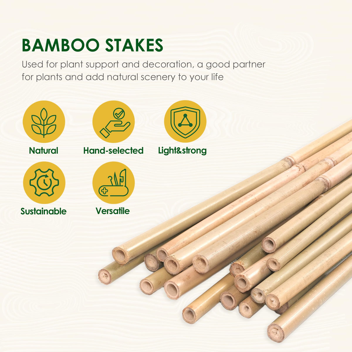 Cambaverd bamboo stake shown in garden setting for versatile plant support.