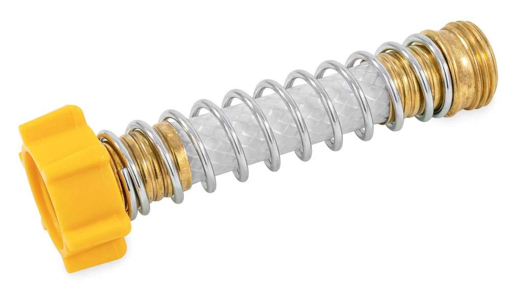 Camco heavy-duty hose protector with gripper for secure faucet connection and reduced crimping.