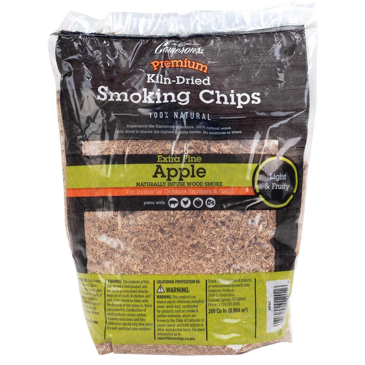 Camerons apple BBQ wood chips extra-fine in a 260 cu in bag for fast, even smoke.