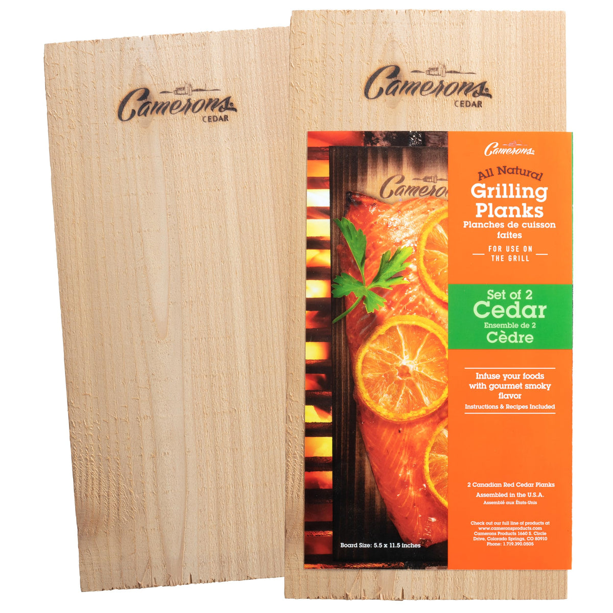 Camerons Cedar Grilling Planks two-pack ready for outdoor grilling and smoky flavor.