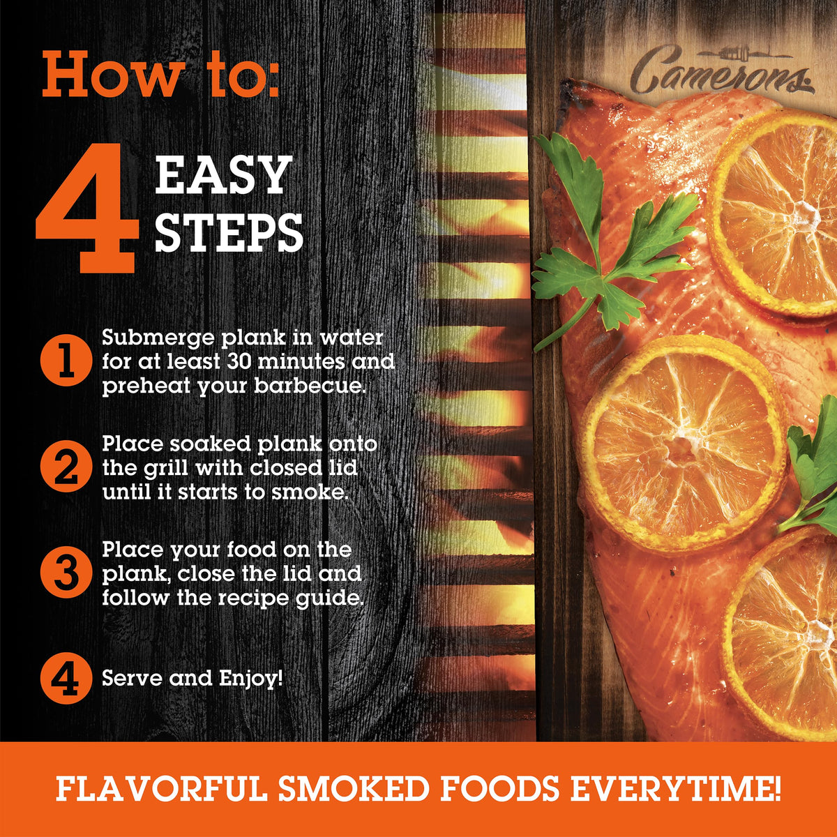 Camerons Cedar Grilling Planks with salmon on plank enhances flavor and moisture.