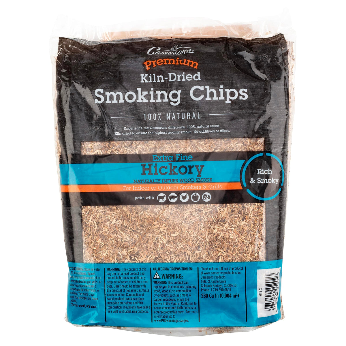 Camerons Hickory wood chips bag ready for quick, flavorful backyard smoking.