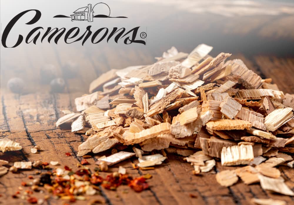 Camerons maple wood chips bag packaging on countertop illustrates ready-to-use fuel.