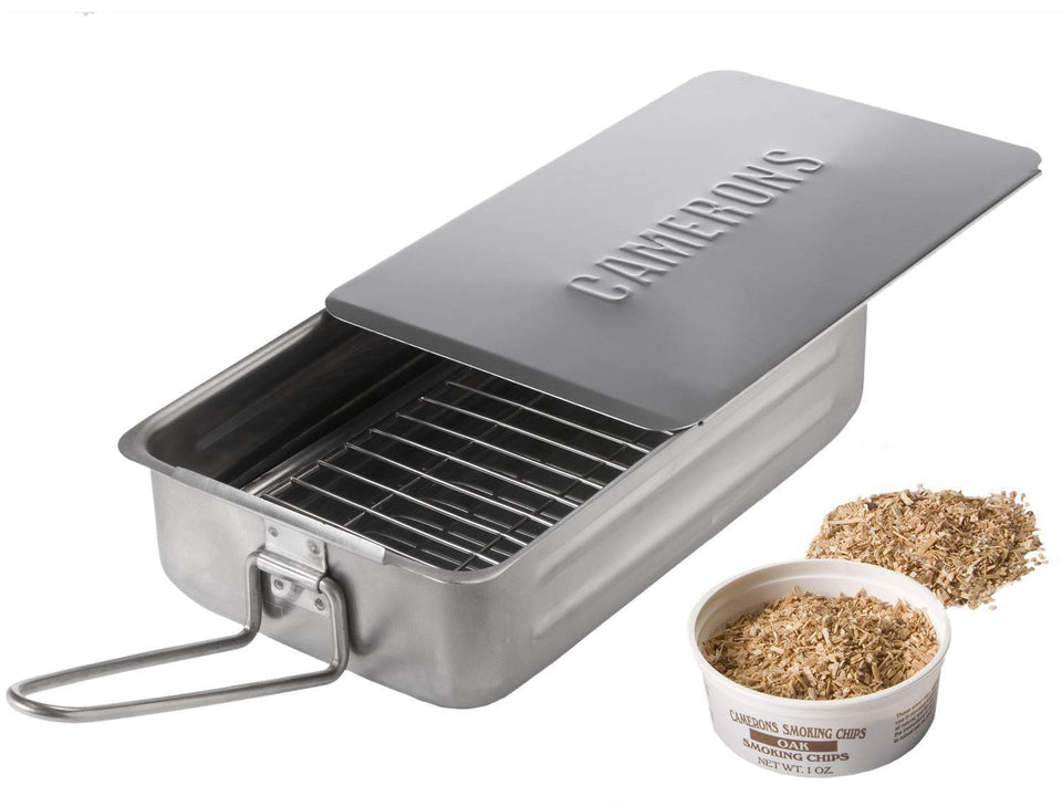 Camerons Mini Stovetop Smoker in stainless steel ready for quick stovetop smoking