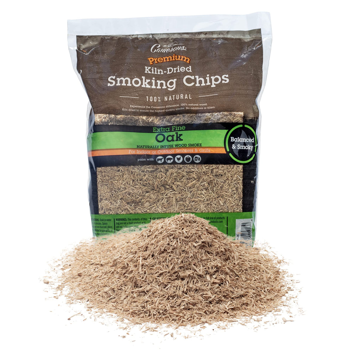 Camerons oak smoker chips for quick burn and delicate smoke flavor.