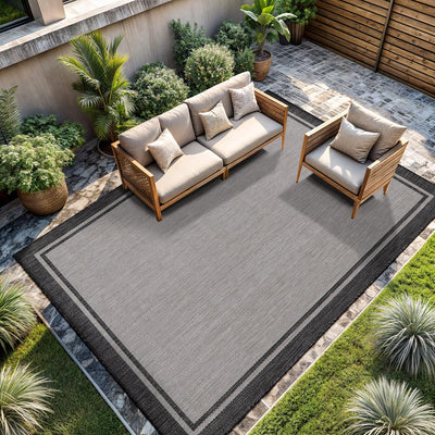 CAMILSON bordered grey 9x12 rug for versatile indoor and outdoor use, easy to clean.