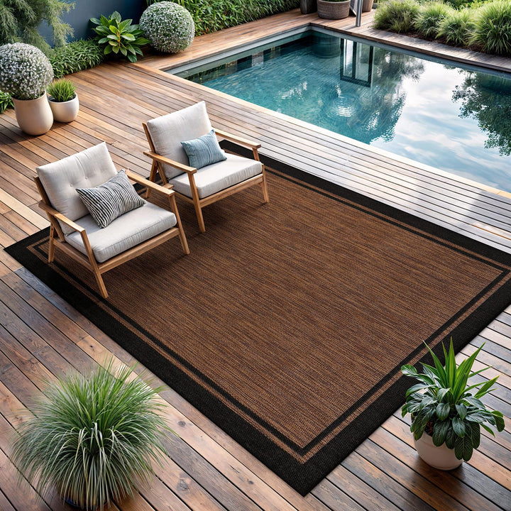 CAMILSON indoor-outdoor rug with nut brown black border for patios and kitchens