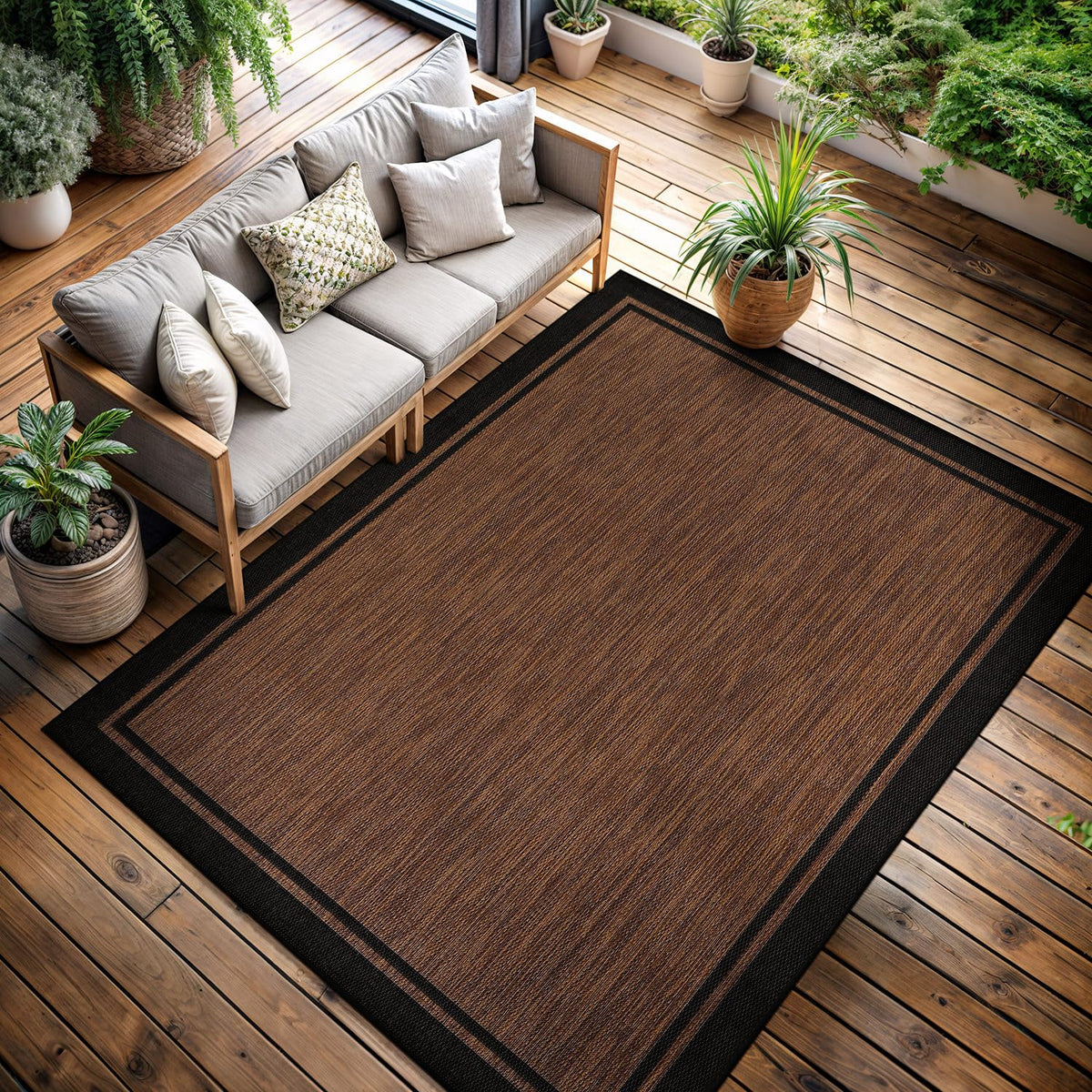 CAMILSON indoor-outdoor rug with bordered nut brown 8x10 for versatile spaces and easy cleaning