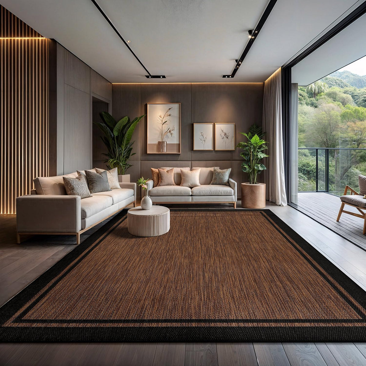 CAMILSON living area rug with nut brown border for high-traffic spaces