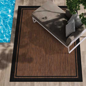 CAMILSON outdoor-durable polypropylene rug, bordered nut brown, built to endure sun and rain